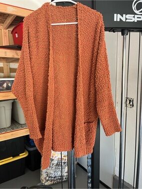 Cozy Open-Front Popcorn Cardigan Sweater - Rust